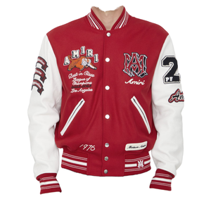 Men's Varsity <b>Jacket</b> Red <b>White</b> Embroidered Letter M Front Turn-down Collar Single Breasted Autumn Preppy Style - Product Image 1