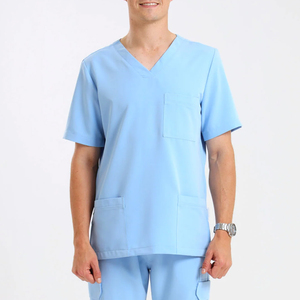 Men Light Blue V-Neck <b>Scrub</b> <b>Top</b> With Pockets Cotton Polyester Woven Hospital Uniform <b>Scrub</b> <b>Tops</b> Unisex Medical <b>Scrub</b> Workwear - Product Image 1