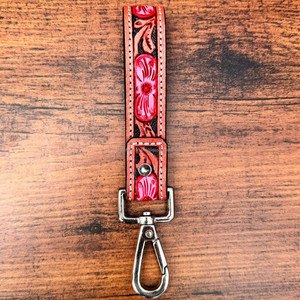 Hand Tooled Leather Pink Floral Small Wristlet Keychain Western-Style Genuine Leather Key Fob Custom Cowhide Key <b>Clips</b> for Women - Product Image 3