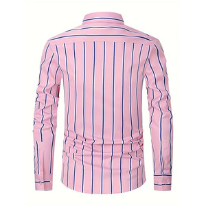 Camisa informal a rayas rosas para hombre, camisa de manga larga con botones y cuello vuelto, ropa de trabajo de oficina, camisa de moda para hombre - Product Image 3