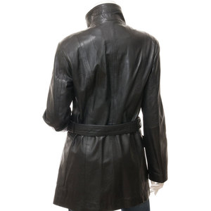 Veste en cuir véritable pour femme, style utilitaire, manches longues, fermeture boutonnée, ceinture, vêtement d'automne, couleur unie - Product Image 5