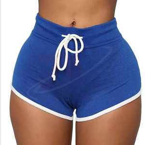 2026 Latest Designs Women's High Waist Solid Color Knitted Shorts With <b>Drawstring</b> Casual Breathable Regular Fit Blue White Trim - Product Image 5