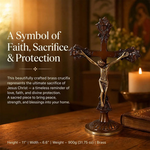 SHUBHAM Brass Cross <b>Statue</b> Die Casting Engraving <b>Religious</b> Figurine Tabletop Home Decor 11 Inches Polished Antique Brass Finish - Product Image 2