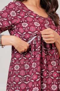 Maroon Floral Print Cotton <b>Three</b> Quarter Sleeve Casual Fit Flare Midi Dress with Maternity Feeding Gown for Daily Wear - Product Image 5