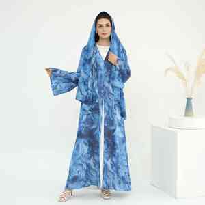 Abaya musulmane moderne bleu marine élégante pour femmes, style Dubaï, robe longue islamique modeste à devant ouvert avec ceinture perlée légère - Product Image 1