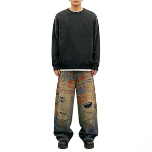 กางเกงยีนส์เดนิมทรงใหม่แบบ Selvage พิมพ์ลายกราฟฟิตีโลโก้ตามสั่ง ทรงโค้ง ขาดเซอร์ๆ สไตล์ฮิปฮอป - Product Image 1