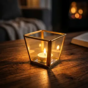 Square Glass <b>Lantern</b> votive With <b>Gold</b> Frame Reusable Home Decoration - Product Image 1