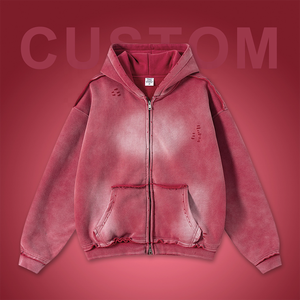 OEM Heavyweight Hoodie Custom Oversized Zip up <b>Fleece</b> <b>Black</b> Streetwear Vintage Distressed Pocket Acid Wash Hoodies for Men - Product Image 4