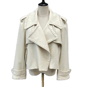Lady Fashion Jackets 2025 Spring Crop Coats Chaqueta de tela con cuello vuelto de cuero genuino - Product Image 4
