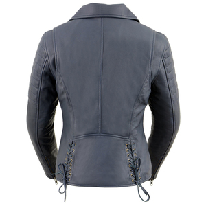 Women's Gray Genuine Leather Biker Jacket with Asymmetrical Zipper, Quilted Sleeves and Lapel Collar for Fashion Wear Wholesale - Product Image 4