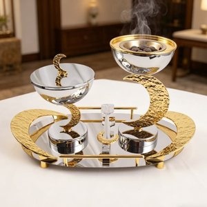 Juego de quemador de incienso de metal martillado con tapa y bandeja a juego para aromaterapia, decoración de mesa para el hogar, quemador de Bakhoor para Ramadán. - Product Image 1