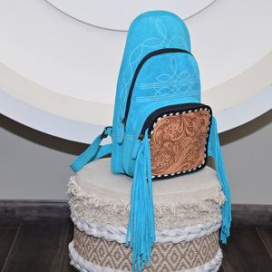 Genuine Suede Leather Sling Bag & Backpack Western Hand Tooled <b>Boot</b> Stitch Concealed Carry Fringe Crossbody Chest Bag for Womens - Product Image 3