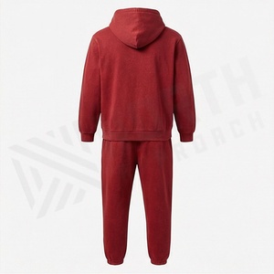 Unisex <b>Red</b> Hooded Tracksuit Set Solid Color Cotton Casual Full Length Sweatshirt and Joggers with Drawstring Pockets Autumn Wear - Product Image 2