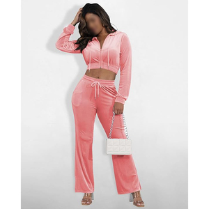 Conjunto de Sudadera Corta de Terciopelo Rosa y Pantalones Jogger con Cremallera Completa, Manga Larga, Ajuste Holgado, Chándal Casual de Dos Piezas para Mujer - Product Image 4