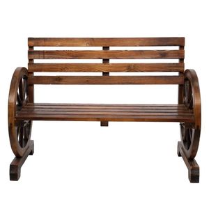 Rustic 2-Person Brown Wooden Wagon Wheel Bench with Slatted Seat and <b>Backrest</b> for Patio Use - Product Image 2
