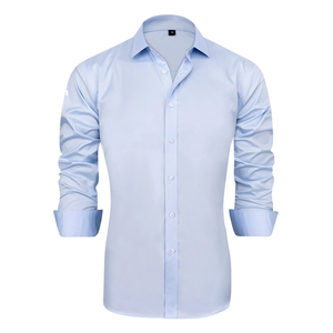 Chemise habillée bleu clair pour homme, manches longues, boutonnée, col rabattu, en popeline de polyester unie 140g, infroissable, pour le printemps - Product Image 5