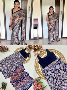 Saree imprimé bloc de main Mulmul traditionnel indien avec chemisier de course pièce mariage indien nouveau Bollywood Designer Jaipuri - Product Image 3