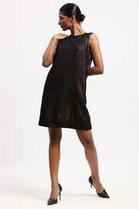 Elegante Vestido Negro sin Mangas, Corte Recto, con Detalle Plisado, Cintura Natural, Largo a Media Pantorrilla, Vestido de Noche Formal con Lentejuelas - Product Image 3