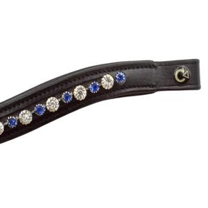 Frontal de cheval en cuir noir rembourré avec logo personnalisé, orné de cristaux transparents bleus et blancs fantaisie et de strass étincelants. - Product Image 3