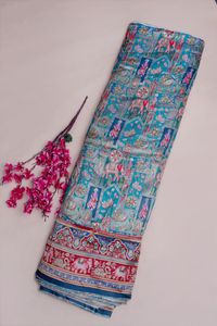 Tissu jacquard en viscose pure bleu aqua à imprimé ethnique et paysager avec bordure éléphant pour la confection de robes Kurti de créateur - Product Image 5