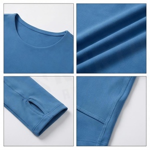 <b>Blue</b> Long Sleeve <b>Crop</b> <b>Top</b> Scoop Neck Cut-Out Design Solid Color Breathable Yoga Wear Women's Activewear - Product Image 4