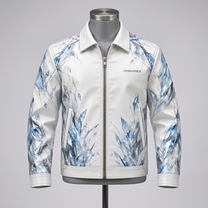 Chaqueta de Cuero con Estampado de Cristales Azules y Blancos para Hombre, Cuello Camisero, Cierre de Cremallera, Estilo Biker, Chaqueta de Moda Premium Personalizada al por Mayor - Product Image 4