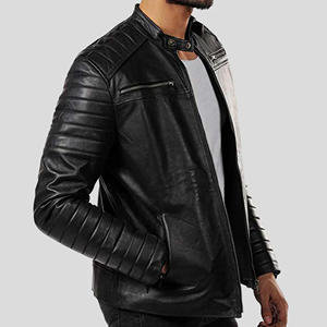 Veste en cuir véritable noir sur mesure pour homme, col en fausse fourrure, style motard, épaisse, chaude, en peau de mouton, pour l'hiver - Product Image 2