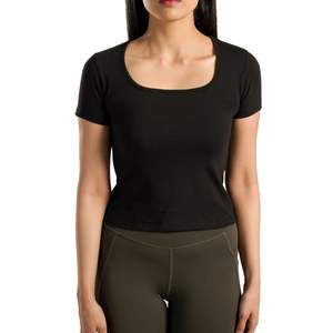 T-shirt personnalisé pour femme, noir, coupe ajustée, manches courtes, col rond, extensible, pour la gym, le fitness, le yoga, respirant, doux, vêtements de sport - Product Image 1