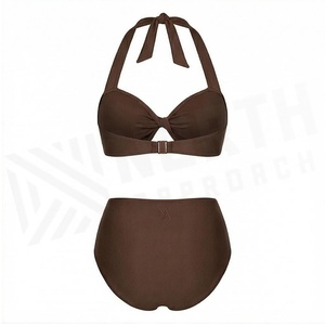 Ensemble de bikini marron uni pour femme, haut bandeau torsadé à taille haute avec détail froncé, maillot de bain en tissu extensible - Product Image 2