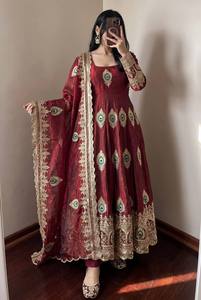 Ethnic Design Embroidered Silk Anarkali <b>Suit</b> With Dupatta Floor-Length Traditional <b>Wedding</b> Gown For <b>Women</b> India Pakistan Style - Product Image 3