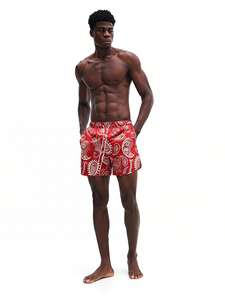 Traje de baño rojo con estampado paisley para hombre, cintura media, con cordón ajustable, de secado rápido, pantalones cortos de poliéster tejido, hecho en Pakistán. - Product Image 5