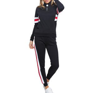 <b>Women's</b> Black Striped Full Length <b>Half</b>-<b>Zip</b> <b>Sweatshirt</b> and Pants Sporty Casual Wear Breathable Polyester Fabric Tracksuit - Product Image 1