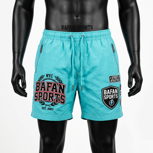 Premium 120 GSM polyester <b>windbreaker</b> shorts men turquoise blue training shorts zipper pocket chenille logo Nylon Plain Dyed - Product Image 1