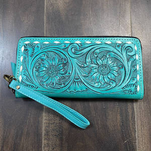 Bolso de mano para mujer, hecho a mano, de cuero genuino, con diseño de flor turquesa, con cremallera, multiusos, estilo occidental. - Product Image 4