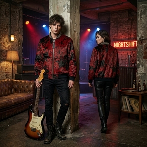 Chaqueta de Cuero Genuino de Pelo de Vaca para Hombre, Estilo Bomber con Estampado Rojo y Negro, Cuello con Tachuelas, Estilo Punk Rock, Venta al por Mayor - Product Image 5