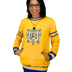Sudadera Casual de Felpa con Cuello Redondo y Bolsillo de Chenille con Cresta Dorada Sigma Gamma Rho, Bordado Personalizado de Letras Griegas, para Hermandades - Product Image 1
