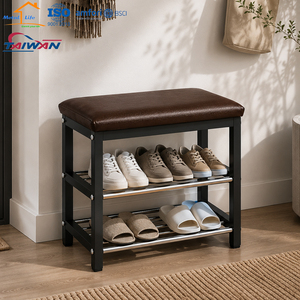 Banc à chaussures avec coussin en similicuir, étagère de rangement à 2 niveaux en métal pour entrée et placard - Product Image 3