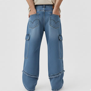 Jeans pour hommes de haute qualité, style vintage, bleu clair, délavé, streetwear, coupe droite, poches cargo latérales, pantalon hip hop - Product Image 3