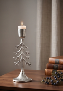 Support de bougie en métal en forme de sapin argenté, centre de table festif pour les fêtes, candélabre texturé moulé pour la décoration hivernale C - Product Image 4