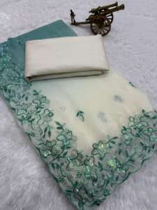 Sari indien tendance en tissu premium texturé avec broderie C-pallu et travail multi-fils, bordure découpée en arc - Product Image 2