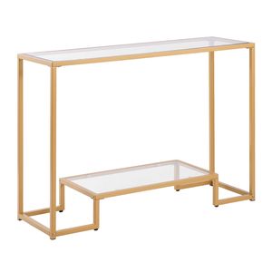 Consolle Moderna a 2 Livelli con Piano in Vetro Rettangolare e Gambe in Ferro Dorato, Scrivania in Marmo per Ingresso o Lato Divano - Product Image 1