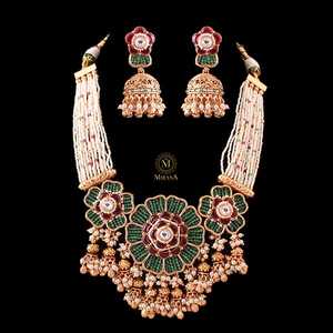Phulwari Pearl Antique Designer Gold Plated Zircon Bridal Necklace Set - Product Image 3