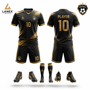 Ensemble d'uniformes de football personnalisés sublimés avec maillot, short, chaussettes et crampons, noir et or, vêtements de sport d'équipe avec nom et numéro - Product Image 5