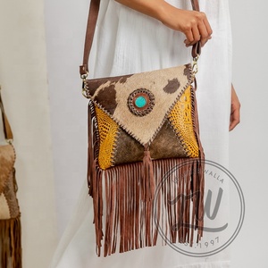 New Western Style Hair On Hide Fur Suede Leather Fringe <b>Bag</b> High Quality <b>Boho</b> Women Leather Shoulder <b>Bag</b> With Turquoise Stone - Product Image 3