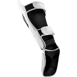 Protège-tibias en cuir blanc rembourrés EVA+FOAM, bandes noires, fermeture auto-agrippante, équipement de protection léger pour boxe, unisexe adulte - Product Image 4