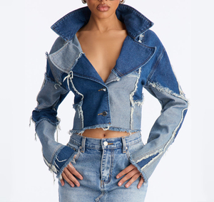Women's Patchwork <b>Denim</b> <b>Jacket</b> Distressed Ripped <b>Cropped</b> Regular Fit Casual Spring Style Button Front Coat Ladies <b>Denim</b> <b>Jackets</b> - Product Image 1