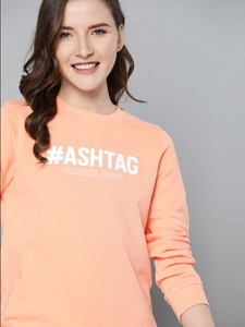 Sudadera de cuello redondo color melocotón para mujer con estampado de hashtag, manga larga, corte regular, de algodón tejido, para otoño. - Product Image 2
