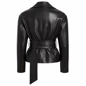 <b>Women's</b> Genuine Leather Wrap <b>Jacket</b> With Belt And Spread Collar <b>Short</b> Length Full <b>Sleeve</b> Autumn Style - Product Image 2