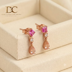 Boucles d'oreilles en or rose massif 14 carats, diamant de laboratoire certifié IGI, tourmaline rose et saphir Padparadscha pour femme - Product Image 5