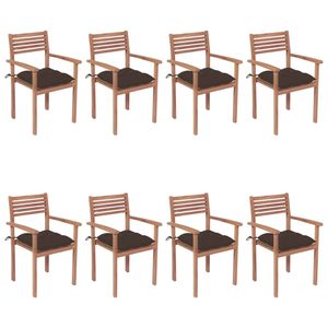 Set di 8 Sedie da Patio Impilabili in Legno Teak con Cuscini Color Tortora - Product Image 1